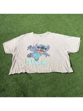 Disney Stitch Graphic Crop T Shirt 2XL Gray Lilo & Stitch Raw Hem
